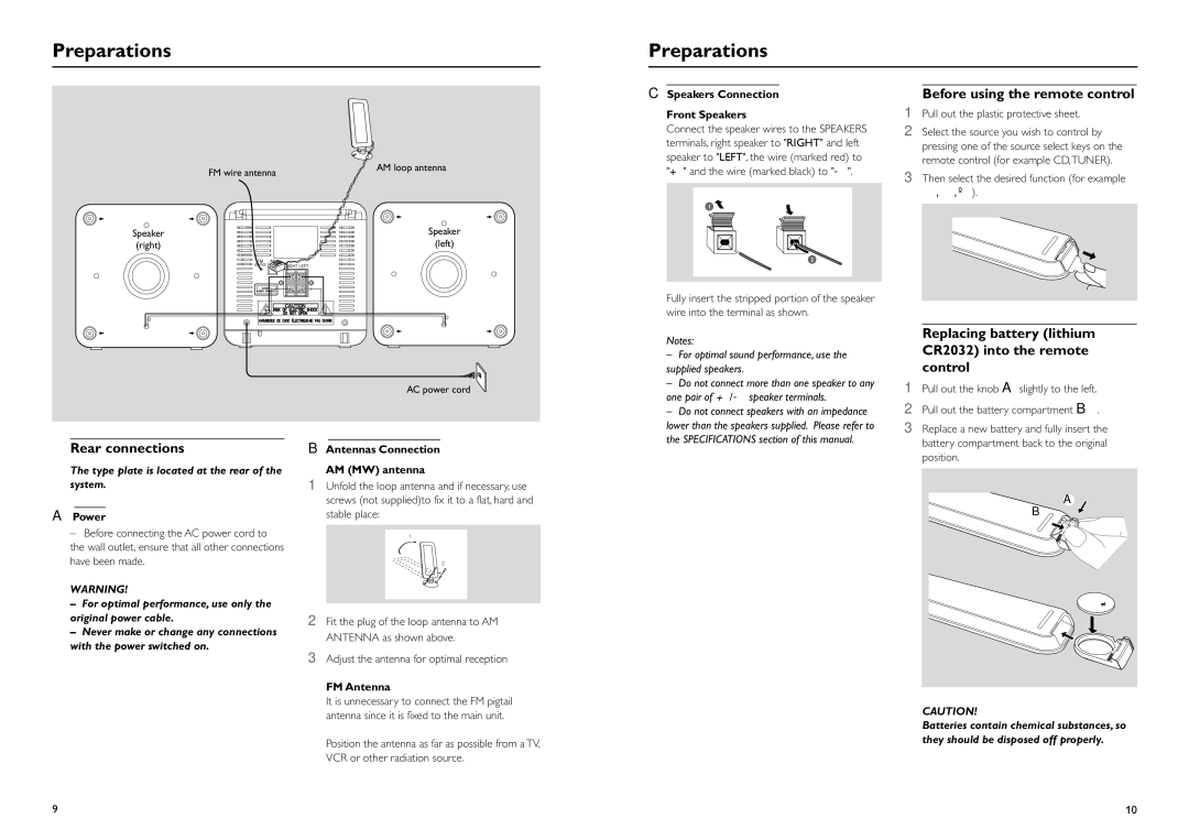 Philips MCM108C, MCM108B owner manual Preparations, Rear connections, Power, Antennas Connection AM MW antenna, FM Antenna 