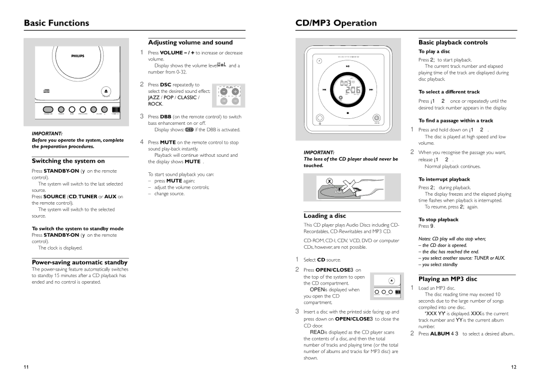 Philips MCM108C, MCM108B owner manual Basic Functions CD/MP3 Operation 