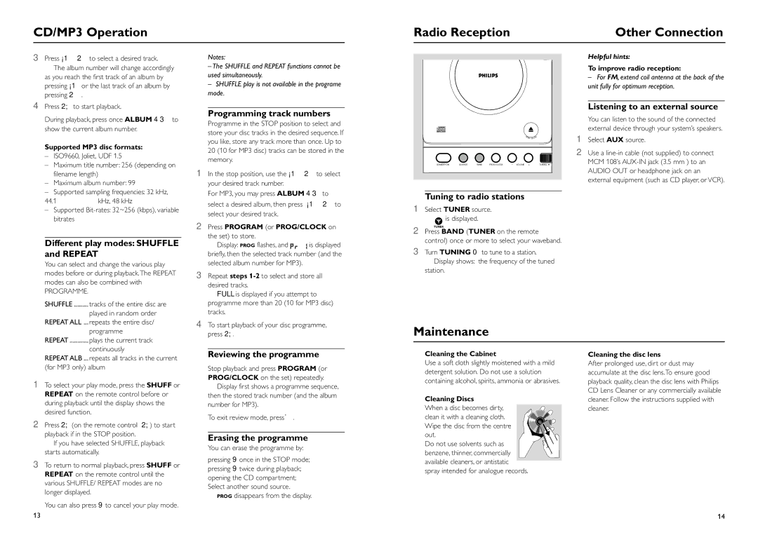 Philips MCM108B, MCM108C owner manual CD/MP3 Operation Radio Reception, Maintenance 