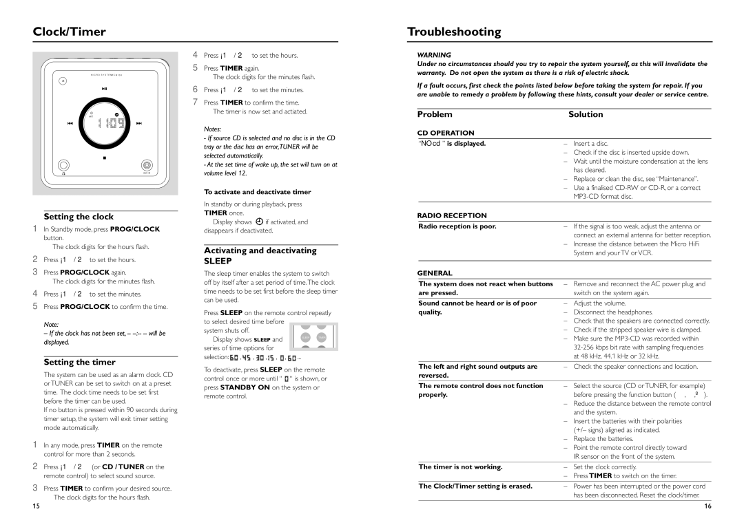 Philips MCM108C, MCM108B Clock/Timer Troubleshooting, Setting the clock, Setting the timer, Activating and deactivating 