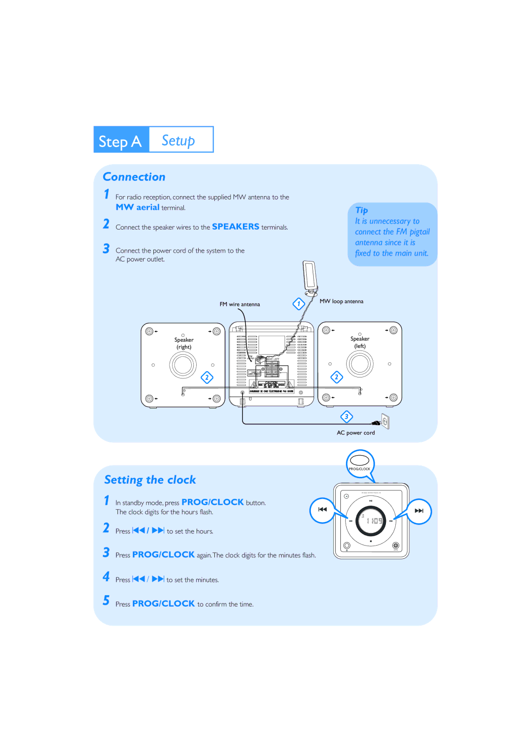 Philips MCM108C quick start Step a Setup, Connection, Setting the clock 