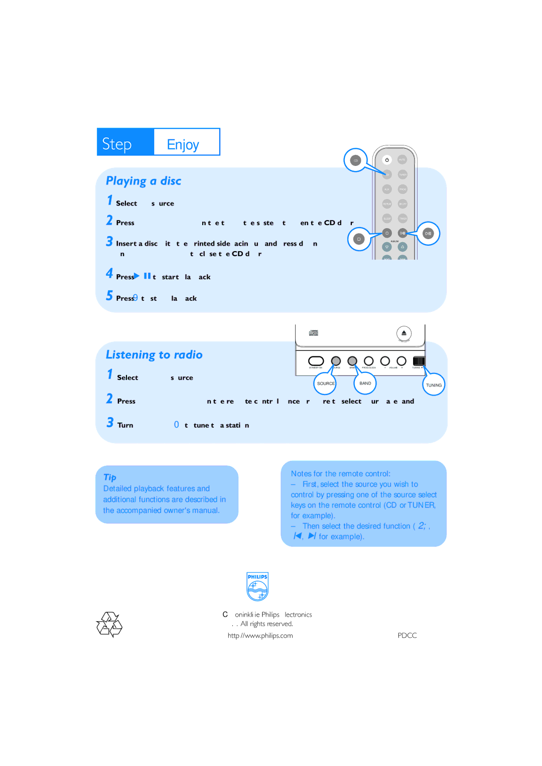 Philips MCM108C quick start Step B Enjoy, Playing a disc, Listening to radio 