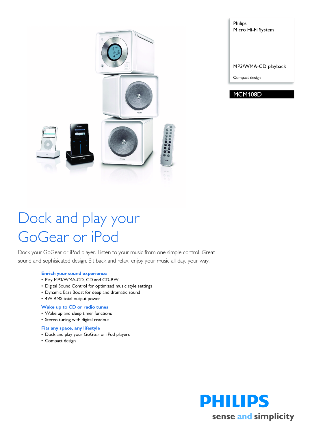 Philips MCM108D manual Dock and play your GoGear or iPod 