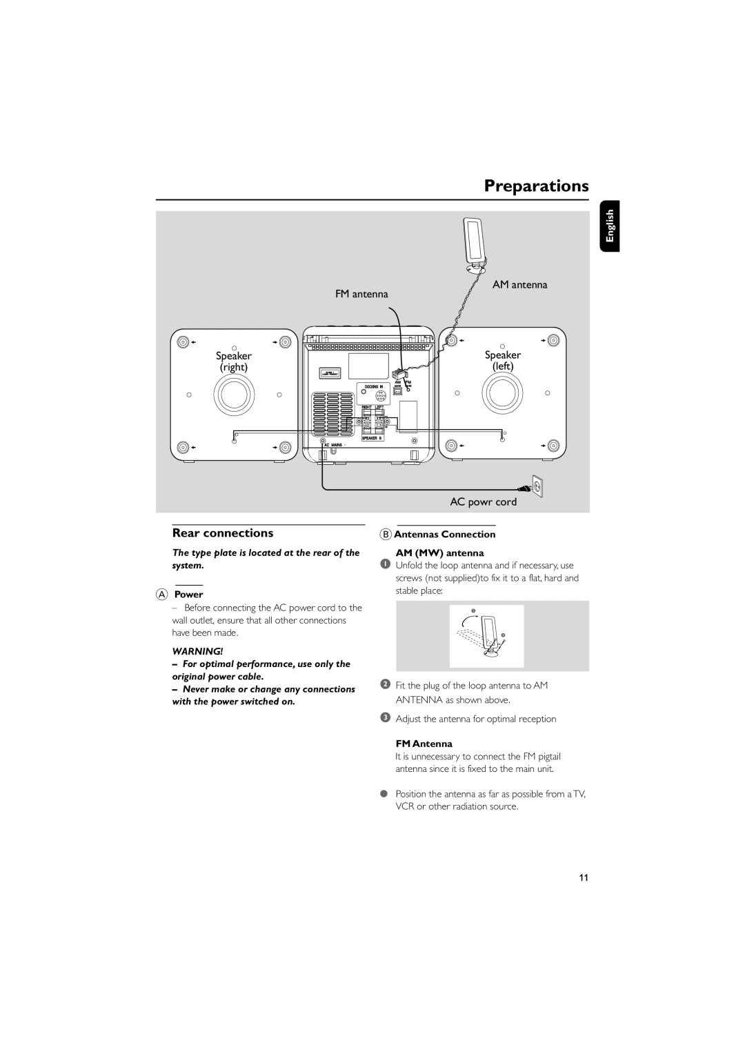 Philips MCM108DB/37 owner manual Preparations, Rear connections, Power, Antennas Connection AM MW antenna, FM Antenna 