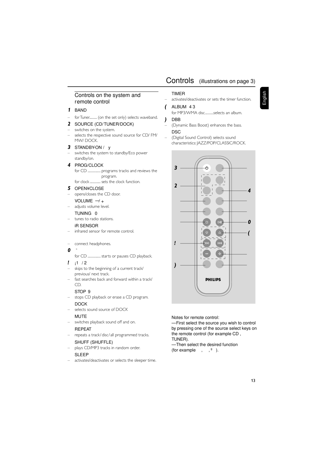 Philips MCM108DB/37 owner manual Controls on the system, Remote control 