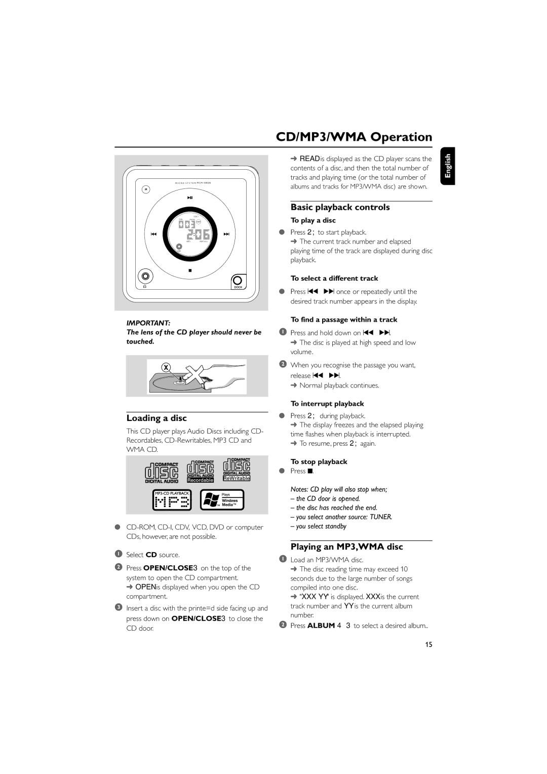 Philips MCM108DB/37 owner manual CD/MP3/WMA Operation, Loading a disc, Basic playback controls, Playing an MP3,WMA disc 