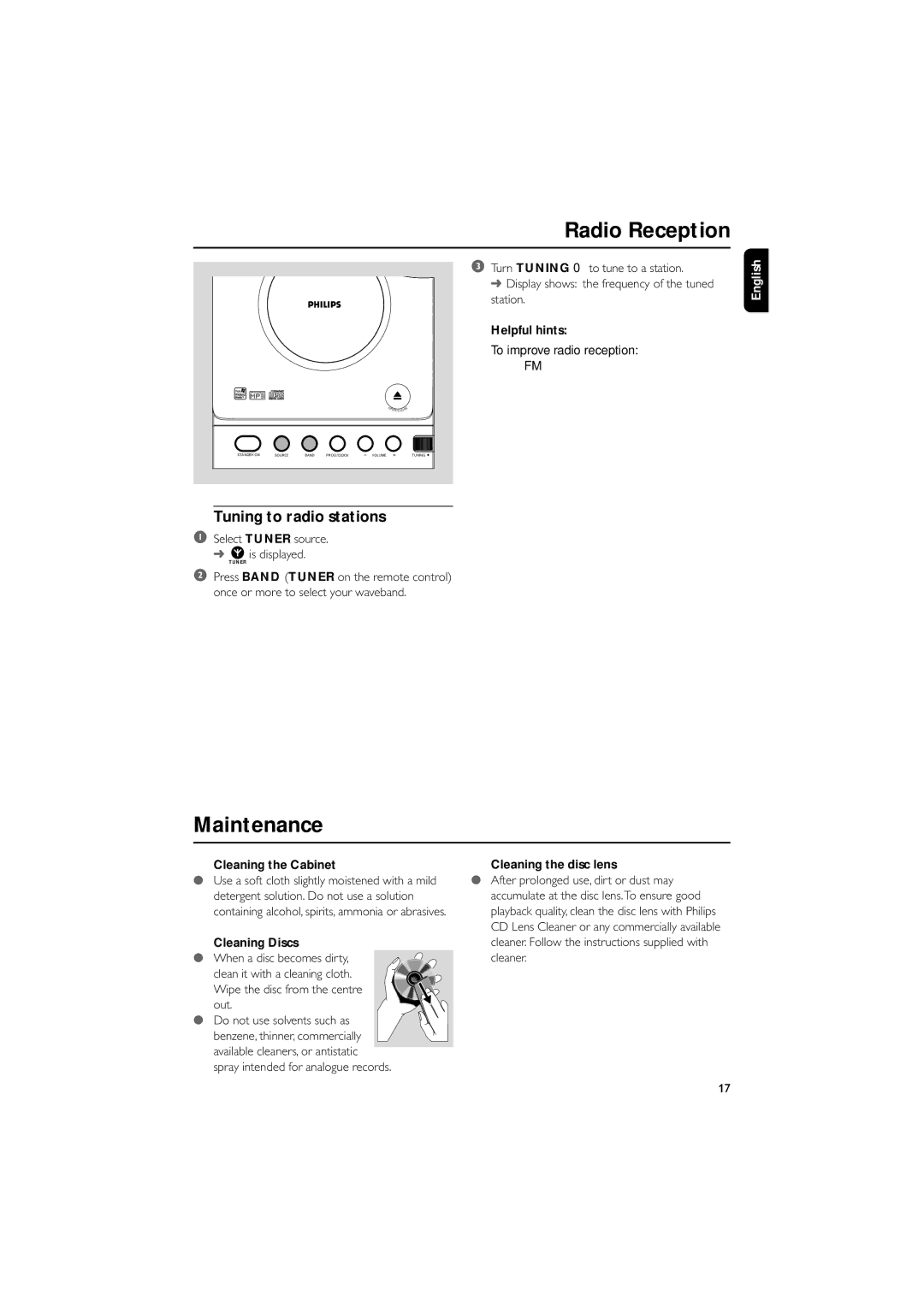 Philips MCM108DB/37 owner manual Radio Reception, Maintenance, Tuning to radio stations 