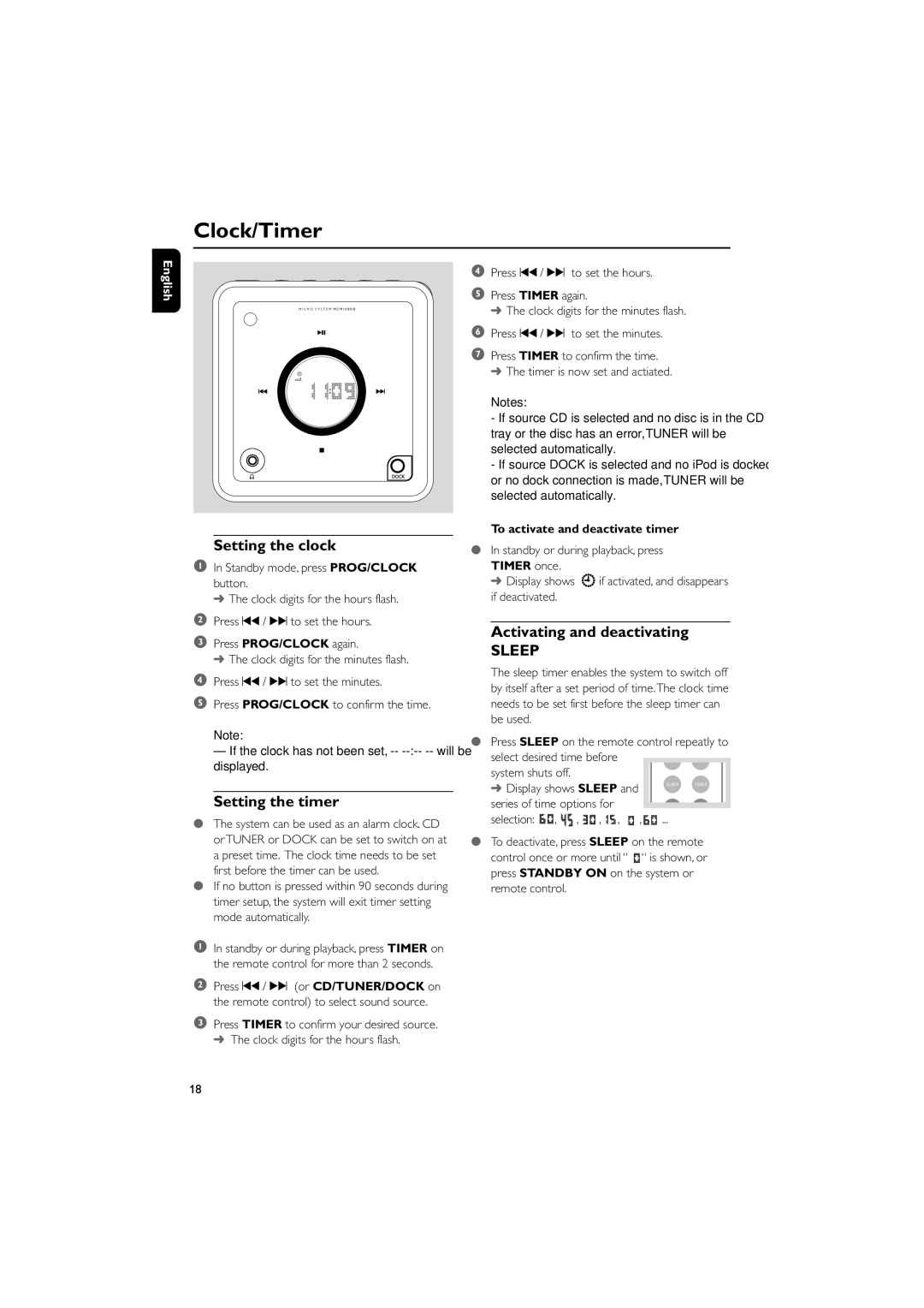 Philips MCM108DB/37 owner manual Clock/Timer, Setting the clock, Setting the timer, Activating and deactivating 