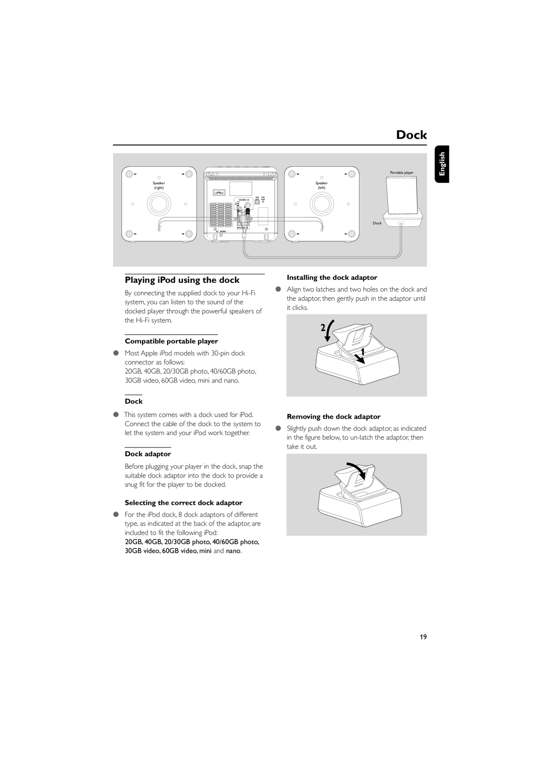 Philips MCM108DB/37 owner manual Dock, Playing iPod using the dock 