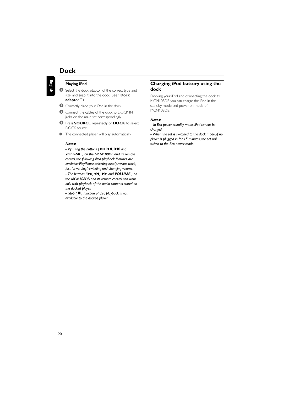 Philips MCM108DB/37 owner manual Charging iPod battery using the dock, Playing iPod 