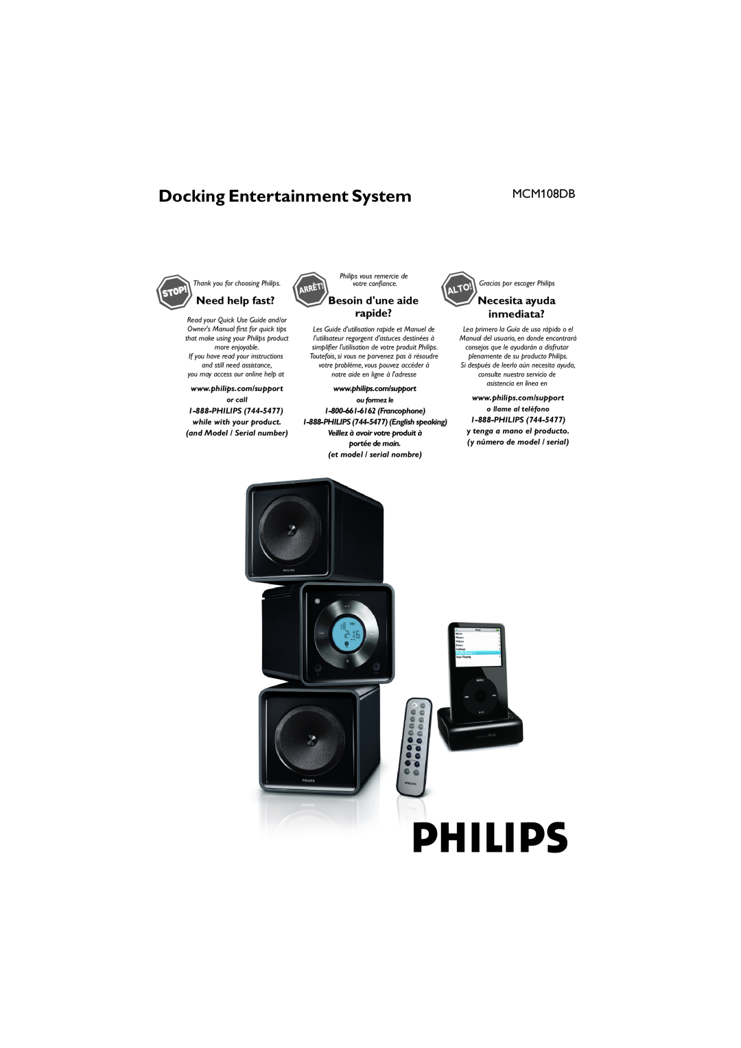 Philips MCM108DB/37 owner manual Docking Entertainment System, Necesita ayuda inmediata?, Need help fast?, rapide? 