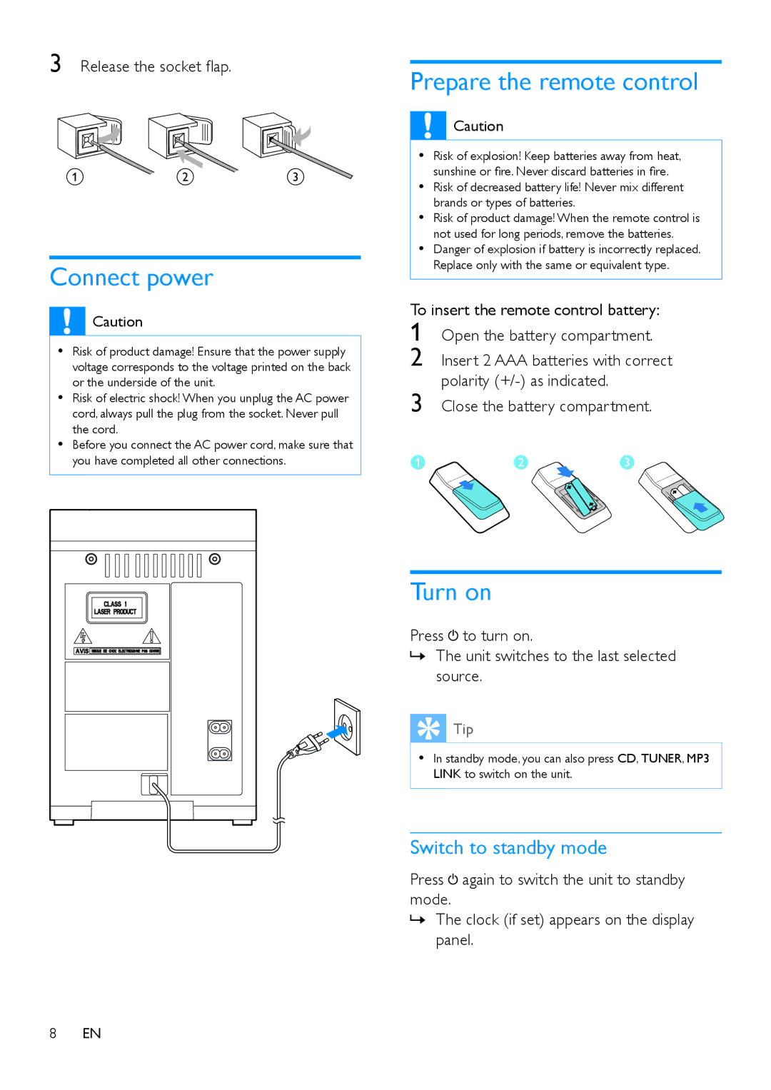 Philips MCM1120 user manual Connect power, Prepare the remote control, Turn on, Switch to standby mode 