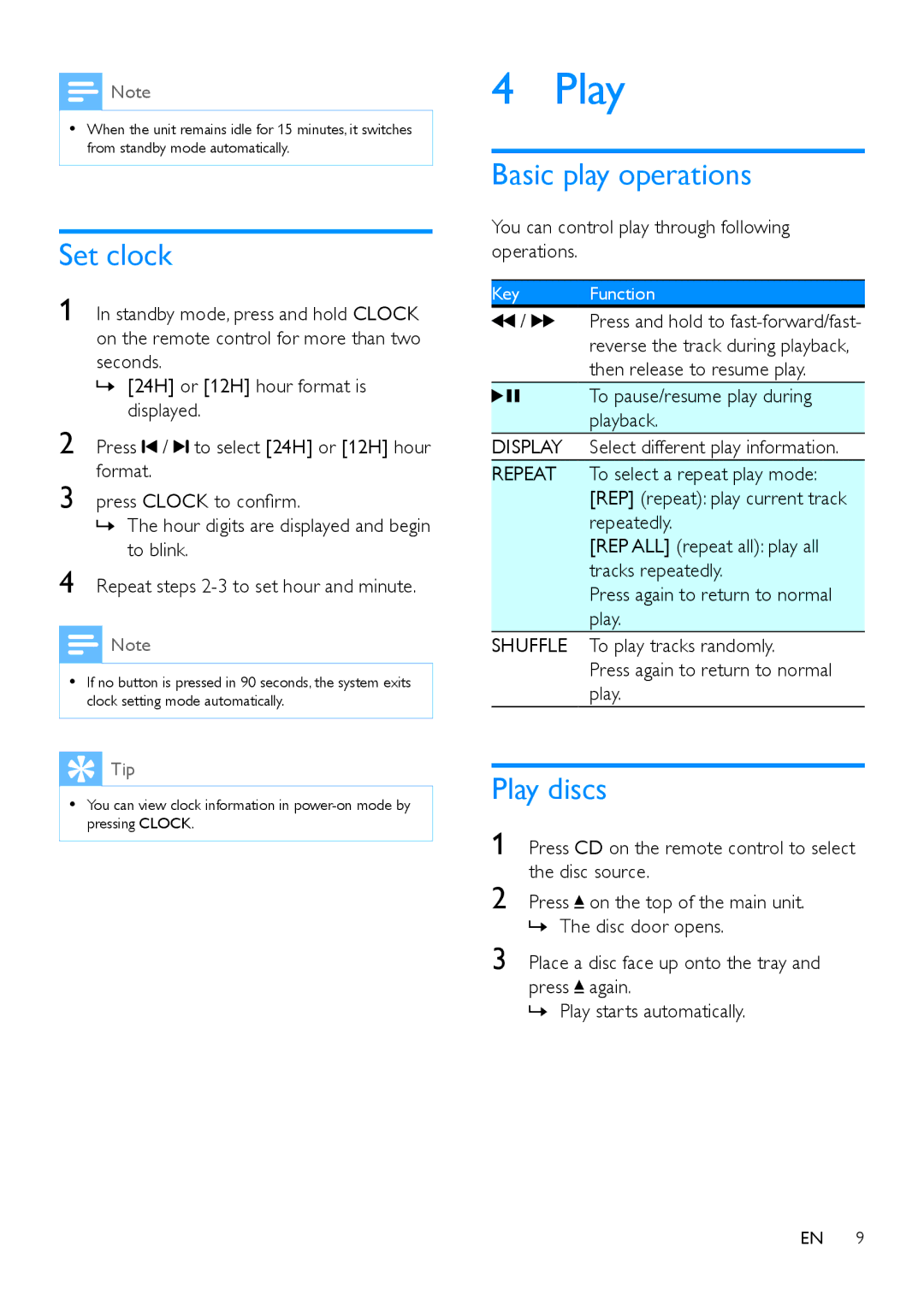 Philips MCM1120 user manual Set clock, Basic play operations, Play discs 