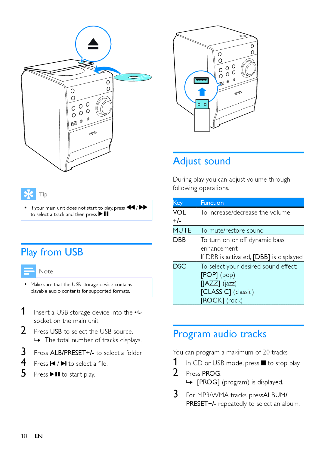 Philips MCM1120 user manual Play from USB, Adjust sound, Program audio tracks 