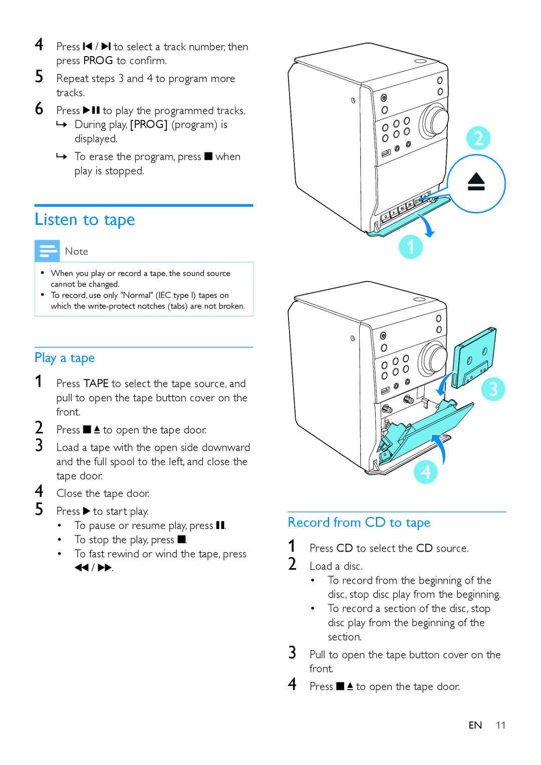 Philips MCM1120 user manual Record from CD to tape 