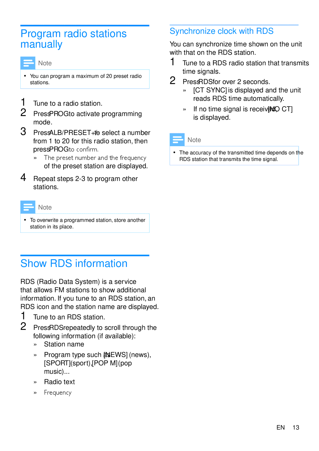 Philips MCM1120 user manual Program radio stations manually, Synchronize clock with RDS 