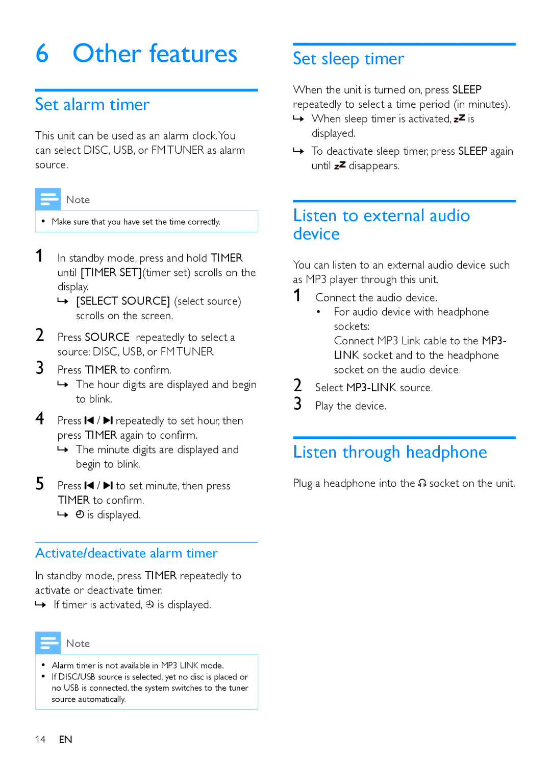 Philips MCM1120 user manual Other features, Set alarm timer, Set sleep timer, Listen to external audio device 