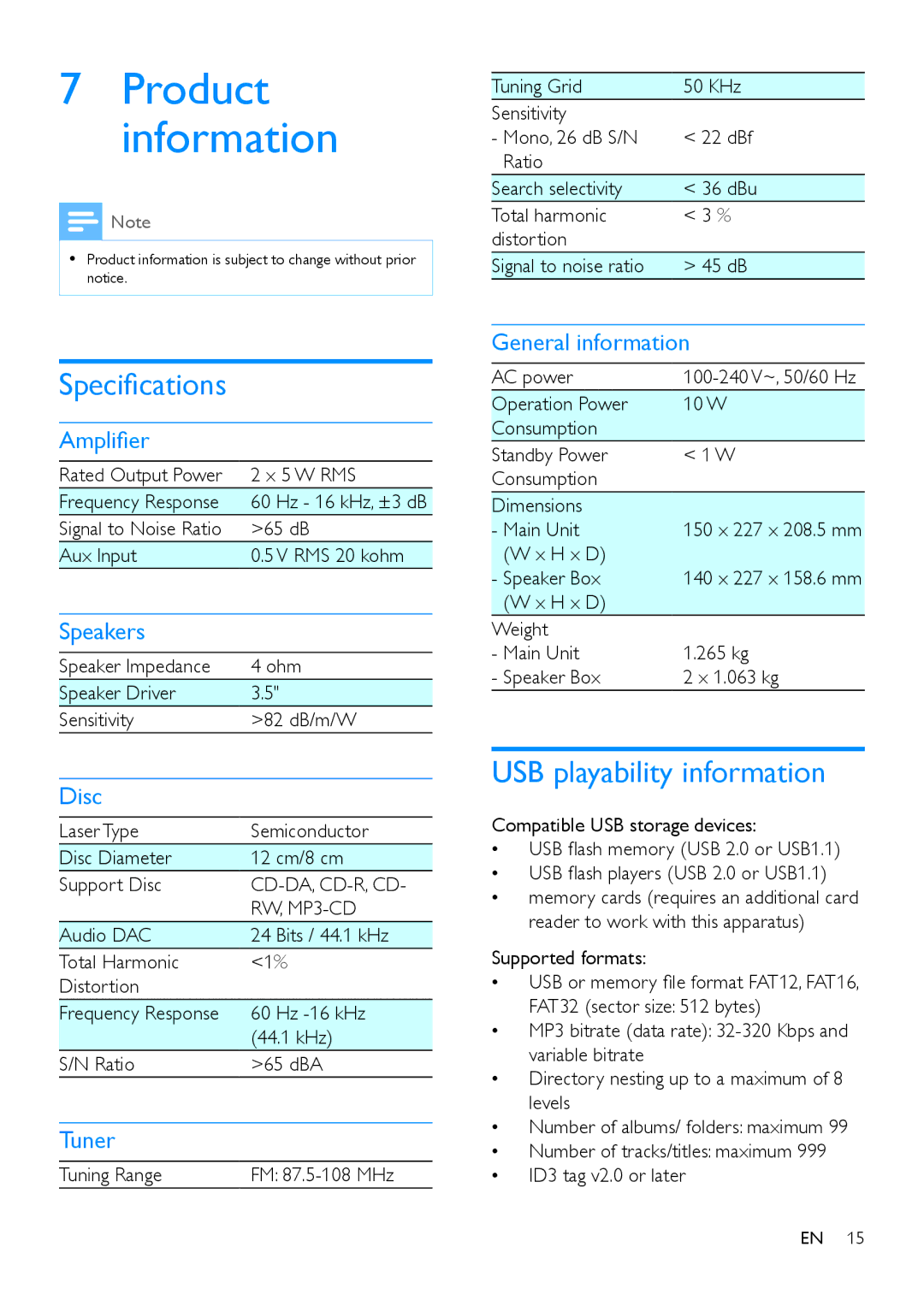 Philips MCM1120 user manual Product information, Specifications, USB playability information 