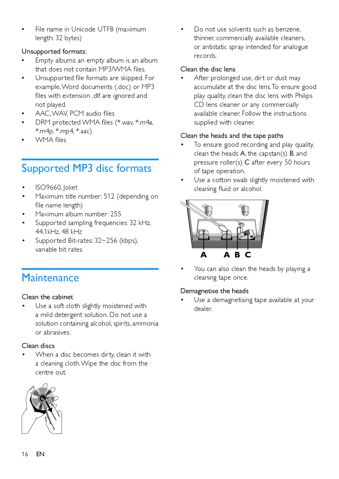 Philips MCM1120 Supported MP3 disc formats, Maintenance, Clean the disc lens, Clean the heads and the tape paths 