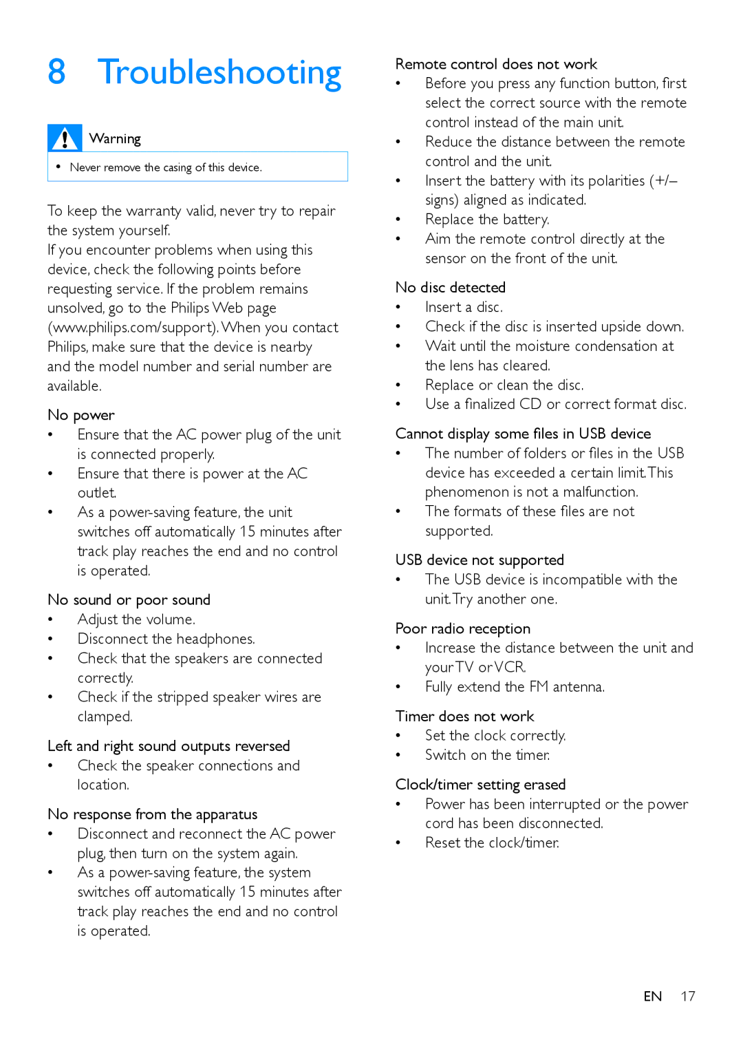 Philips MCM1120 user manual Troubleshooting 