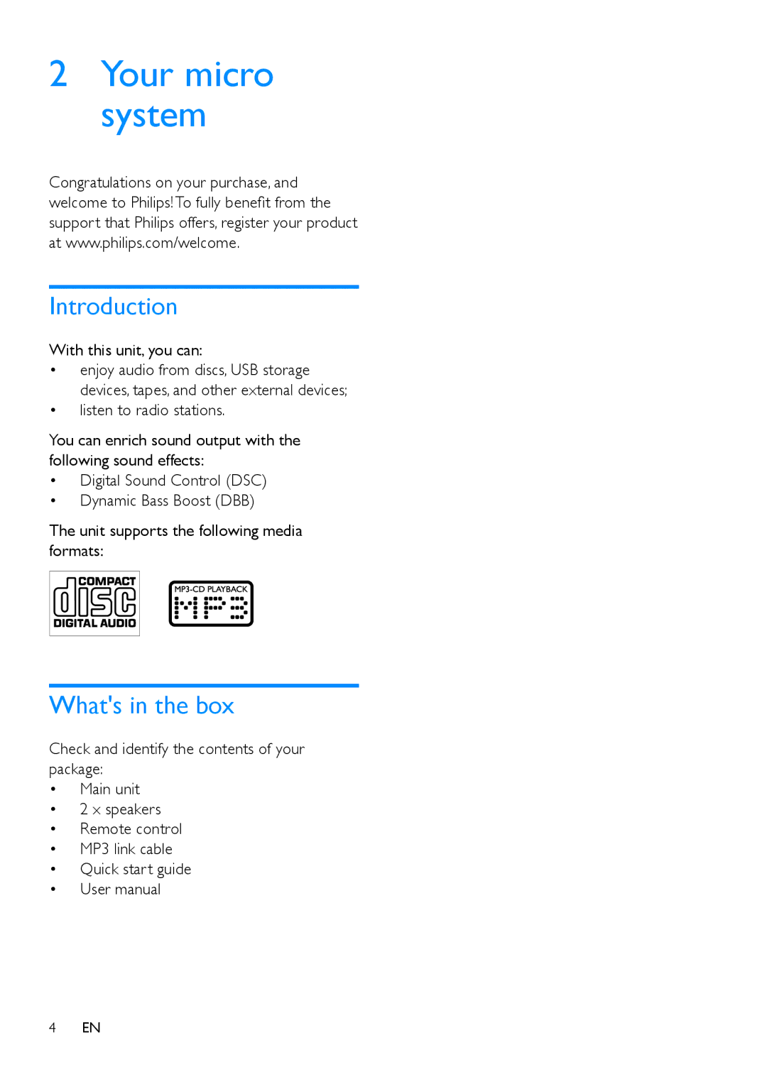 Philips MCM1120 user manual Introduction, Whats in the box, With this unit, you can 