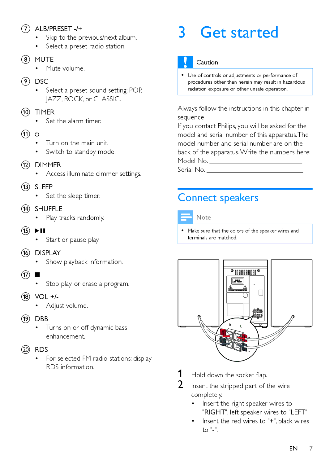 Philips MCM1120 user manual Get started, Connect speakers 