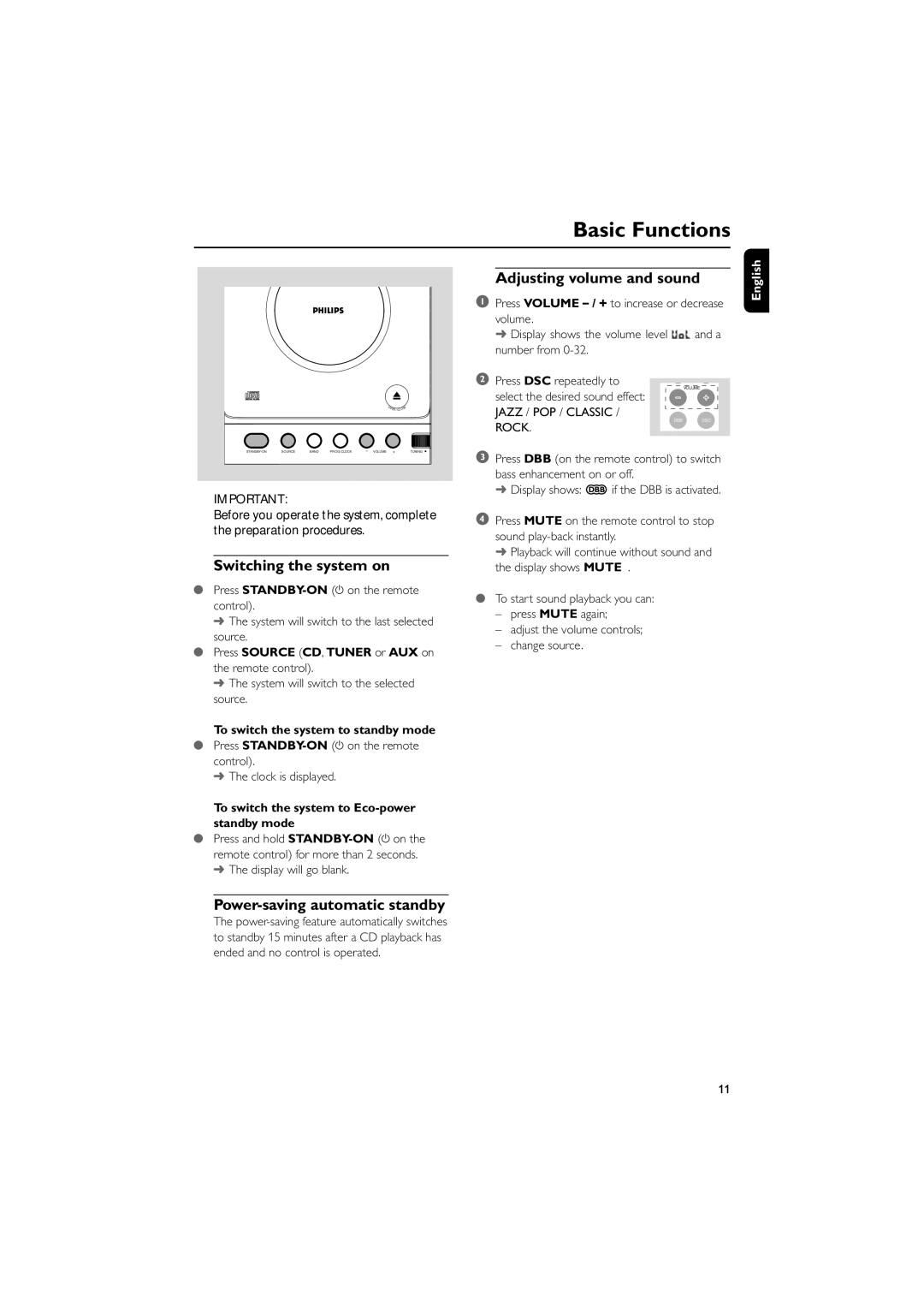 Philips MCM118B manual Basic Functions, Switching the system on, Power-saving automatic standby, Adjusting volume and sound 