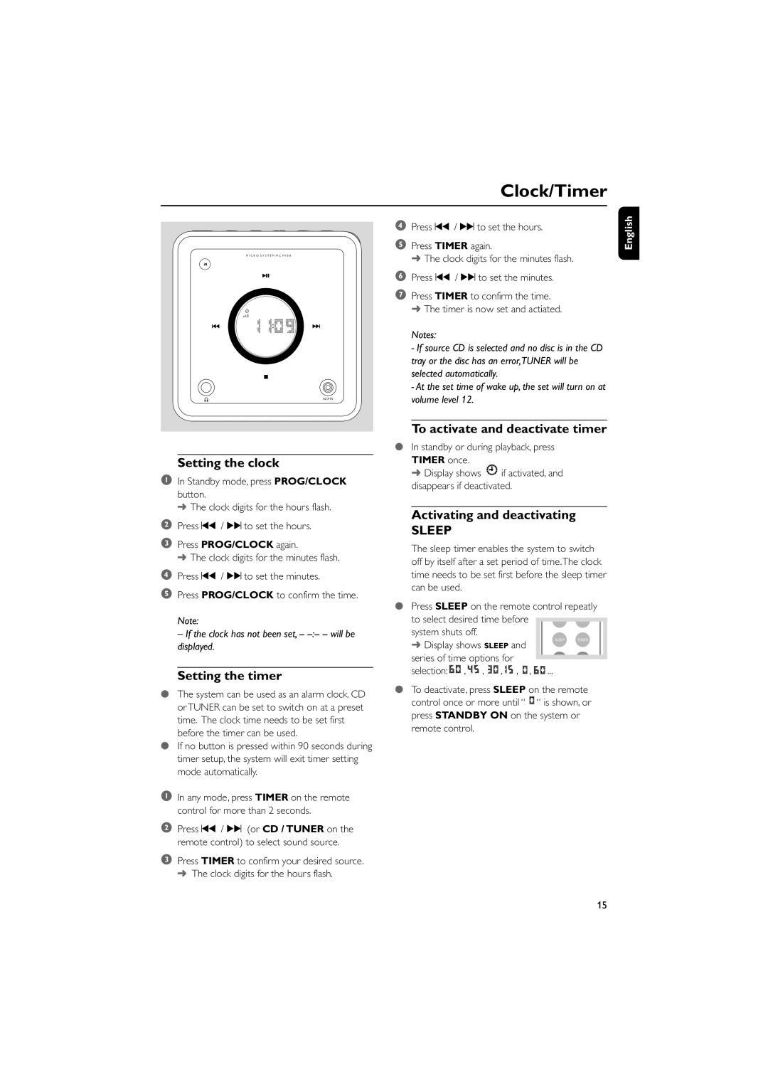 Philips MCM118B manual Clock/Timer, Setting the clock, Setting the timer, To activate and deactivate timer 