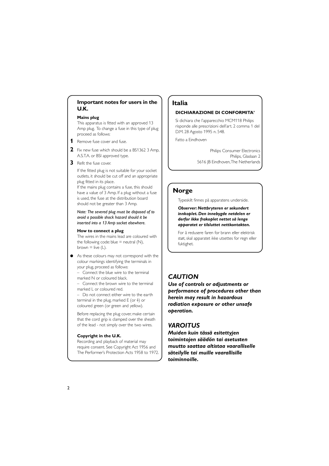 Philips MCM118B manual Important notes for users in the U.K, Mains plug, How to connect a plug, Copyright in the U.K 