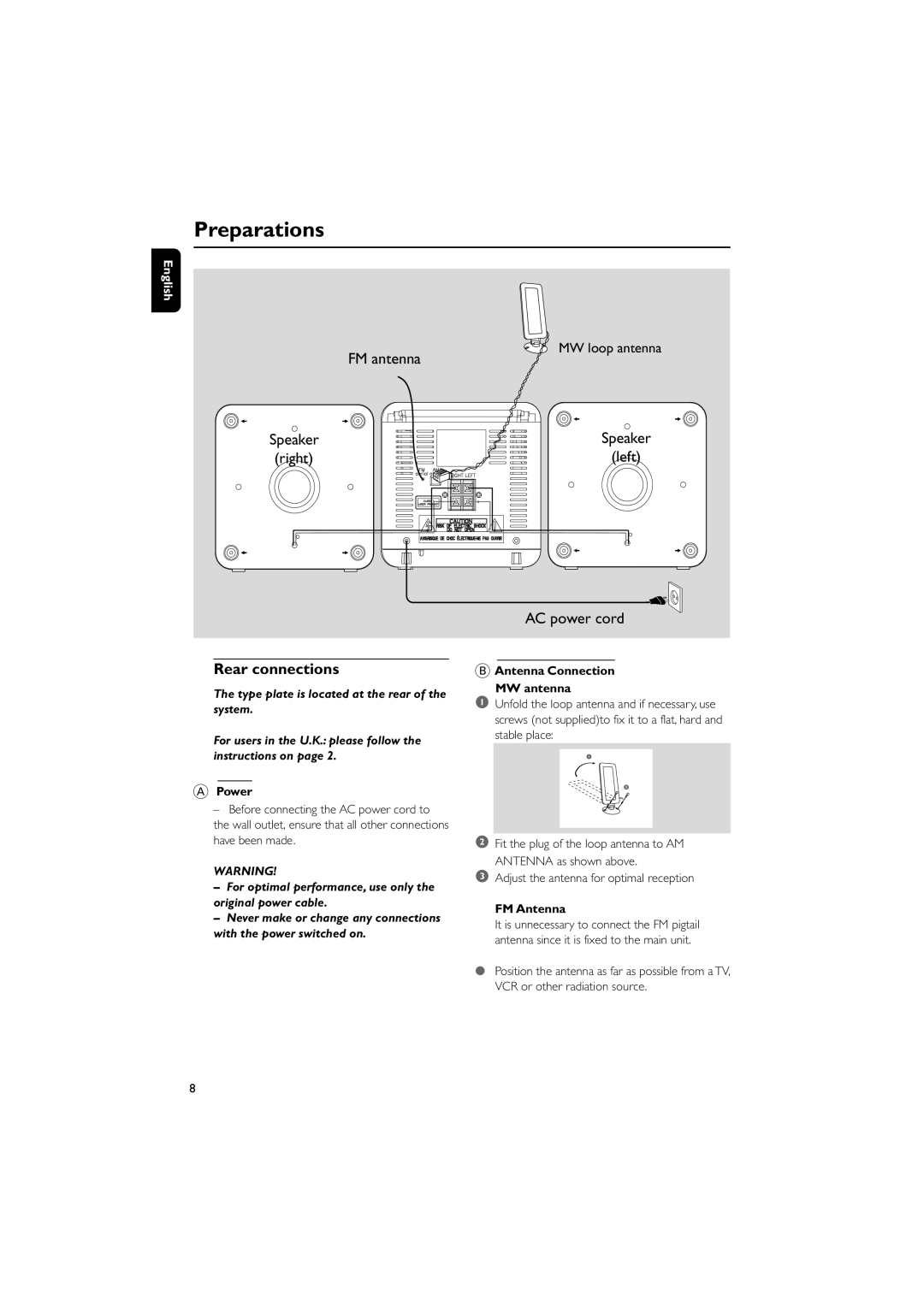 Philips MCM118B manual Preparations, Rear connections, Power, Antenna Connection MW antenna, FM Antenna 