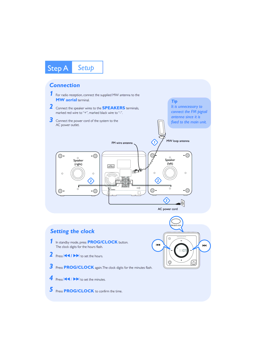 Philips MCM128B quick start Step a Setup, Connection, Setting the clock 