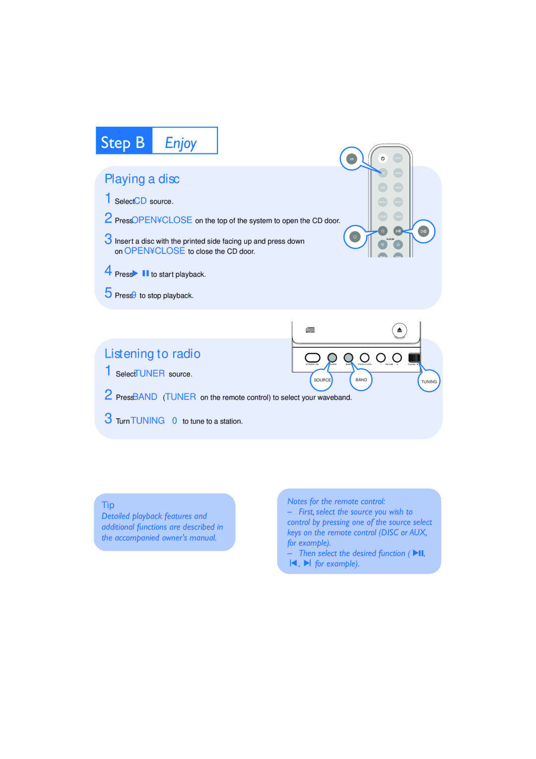 Philips MCM128B quick start Step B Enjoy, Playing a disc, Listening to radio 