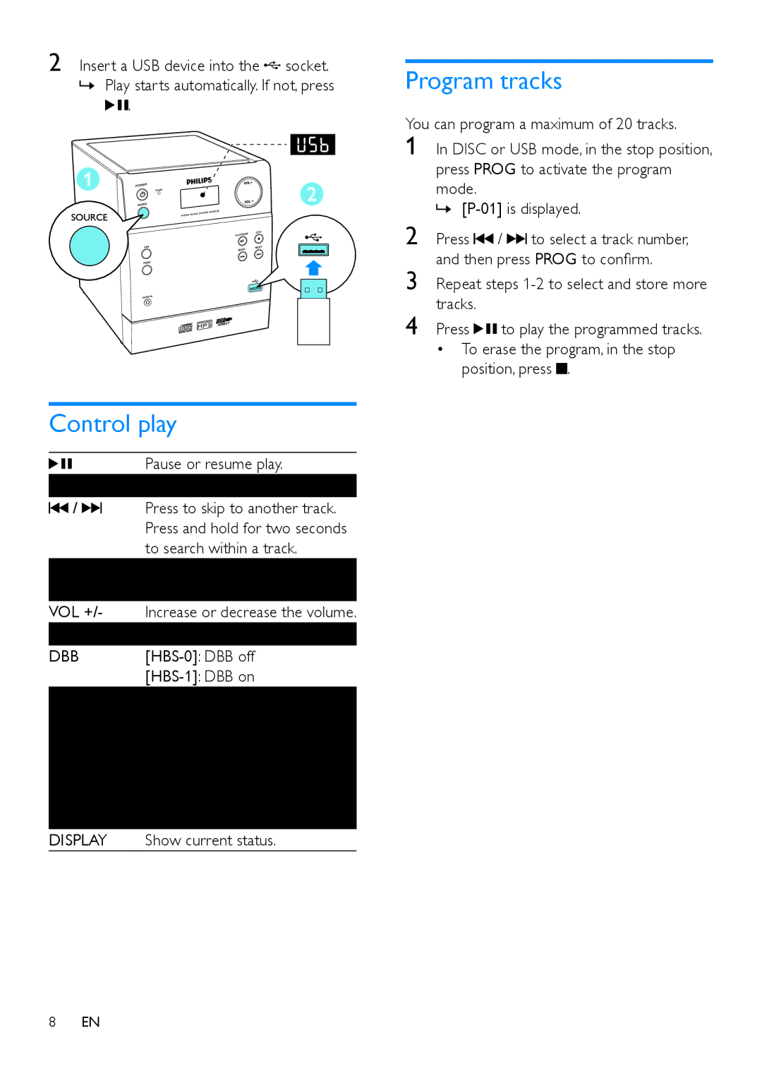 Philips MCM129 user manual Control play, Program tracks 