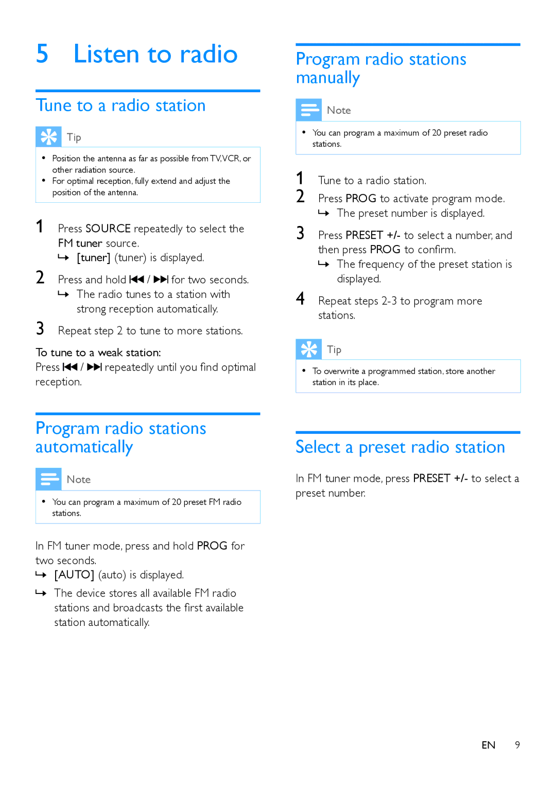 Philips MCM129 Listen to radio, Tune to a radio station, Program radio stations manually, Select a preset radio station 