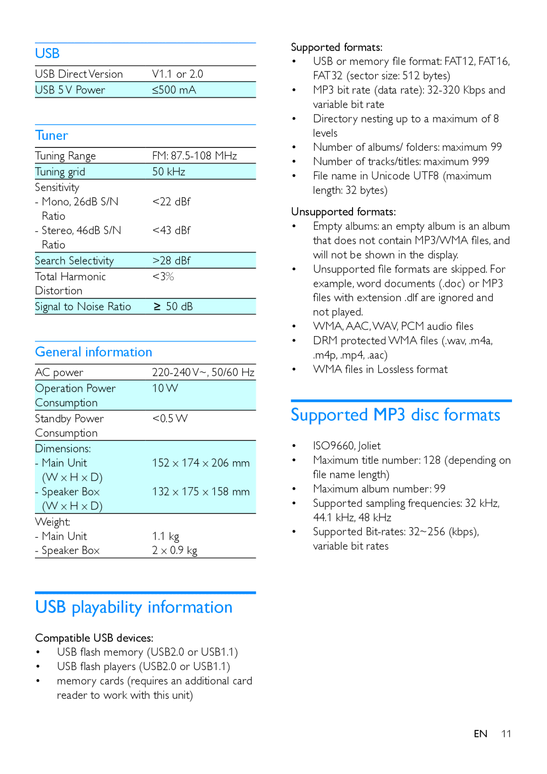 Philips MCM129 user manual USB playability information, Supported MP3 disc formats, Tuner, General information 