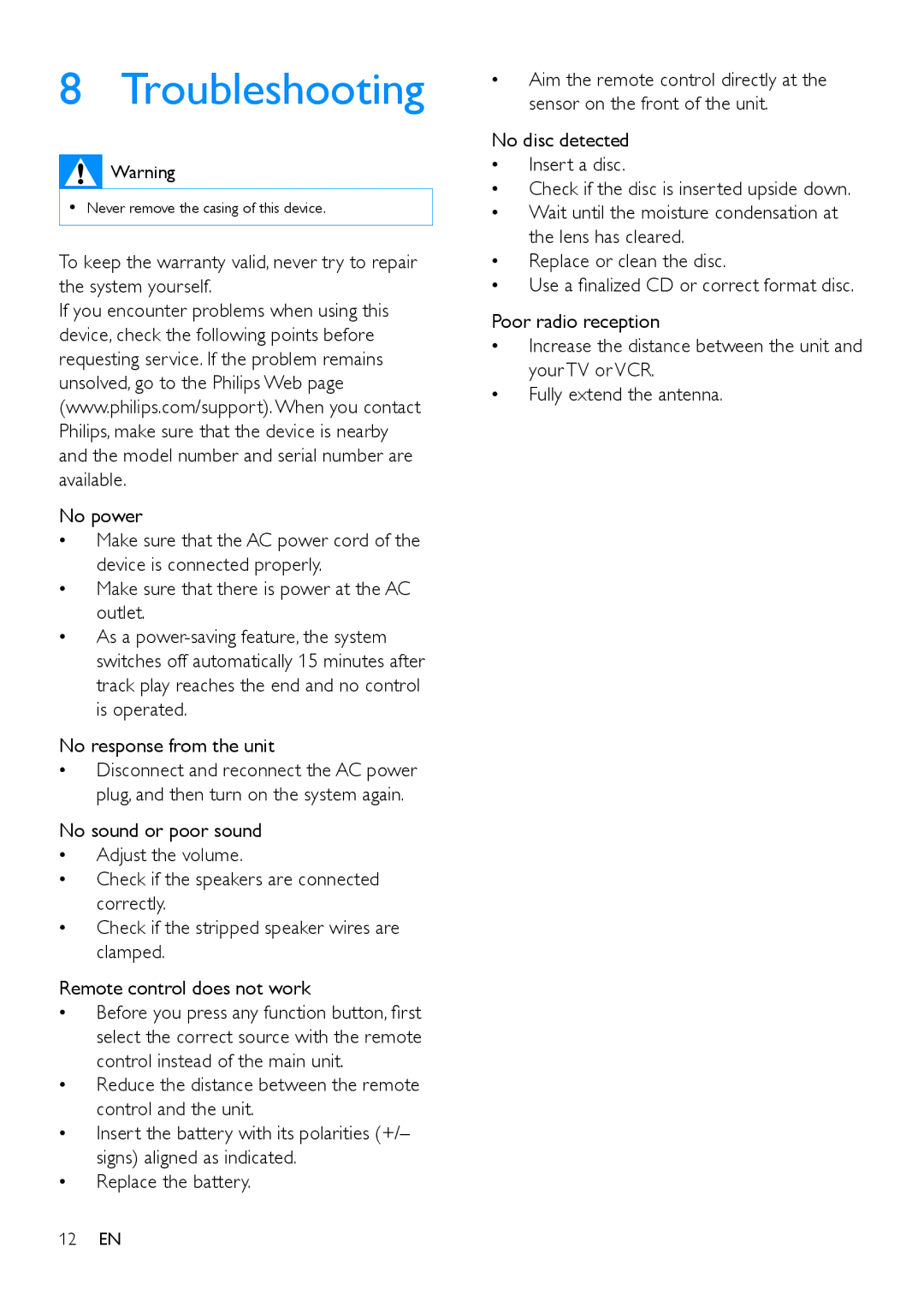 Philips MCM129 user manual Troubleshooting 