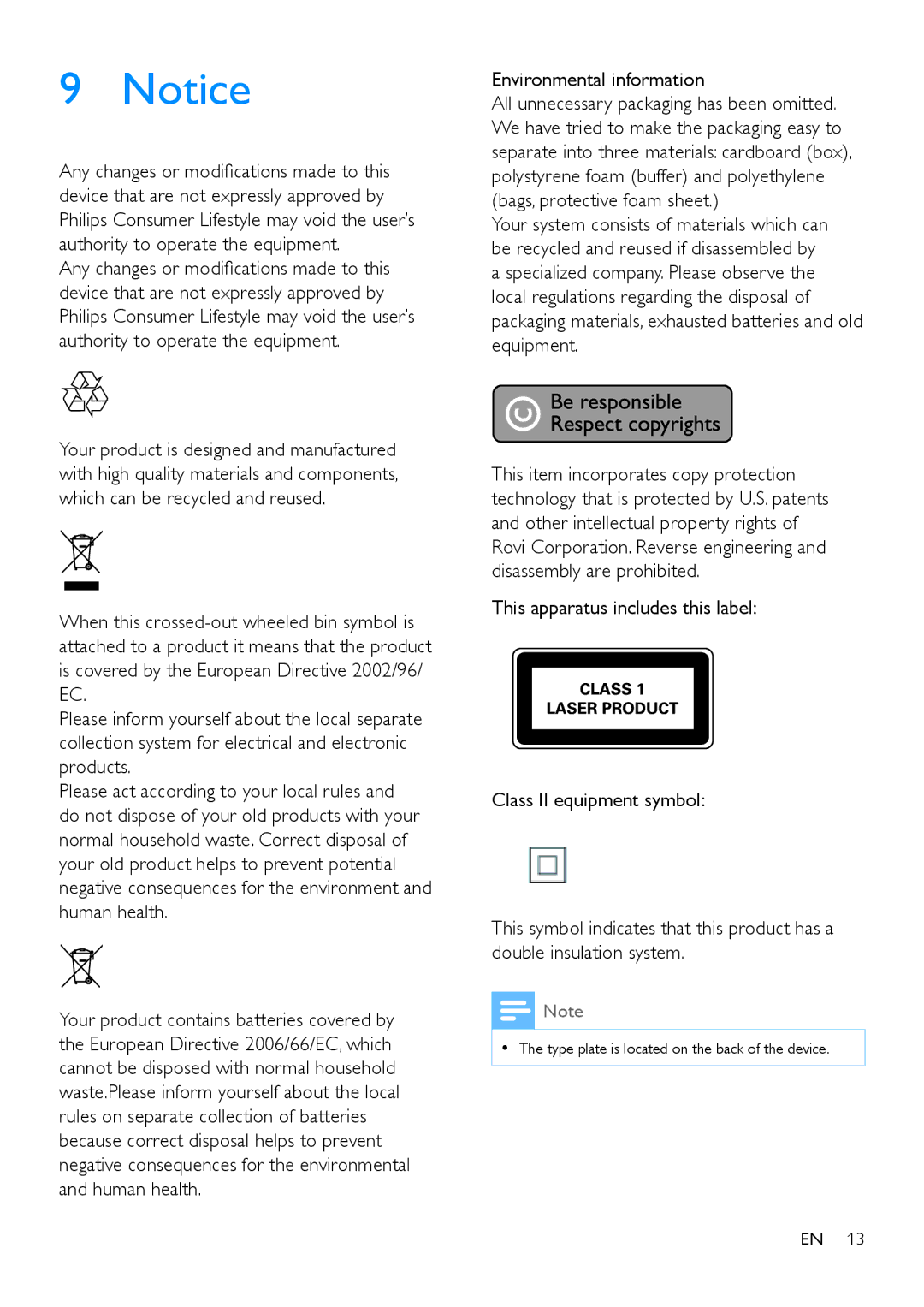 Philips MCM129 user manual Environmental information 