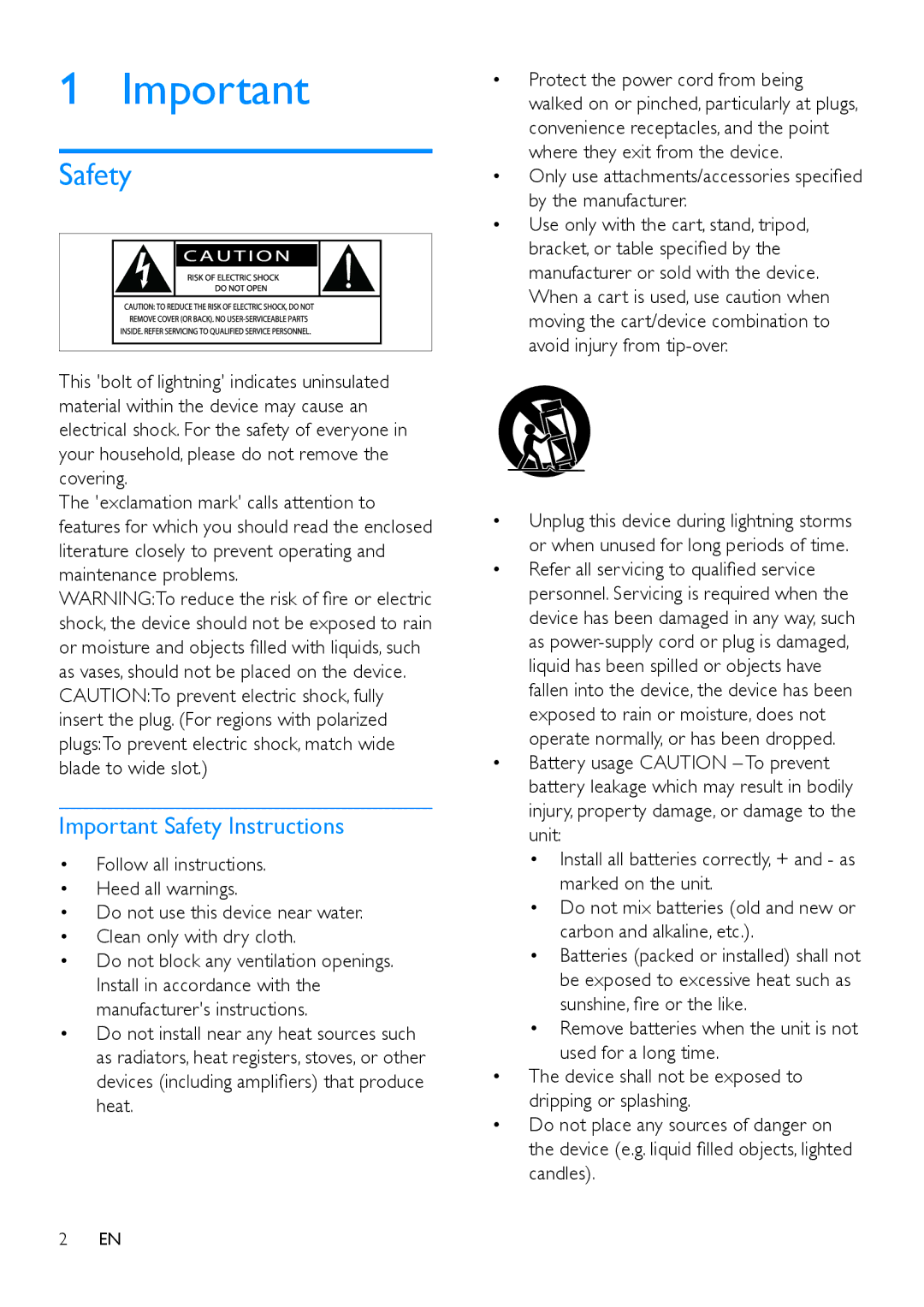 Philips MCM129 user manual Important Safety Instructions 