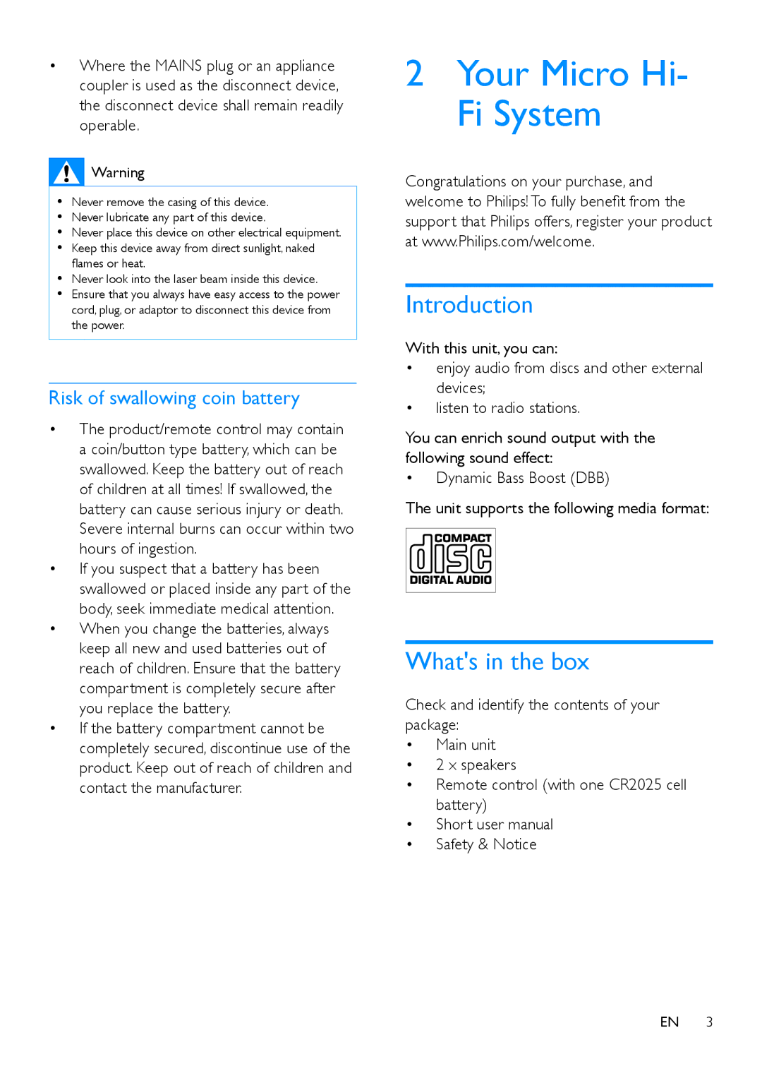 Philips MCM129 user manual Your Micro Hi- Fi System, Introduction, Whats in the box, Risk of swallowing coin battery 