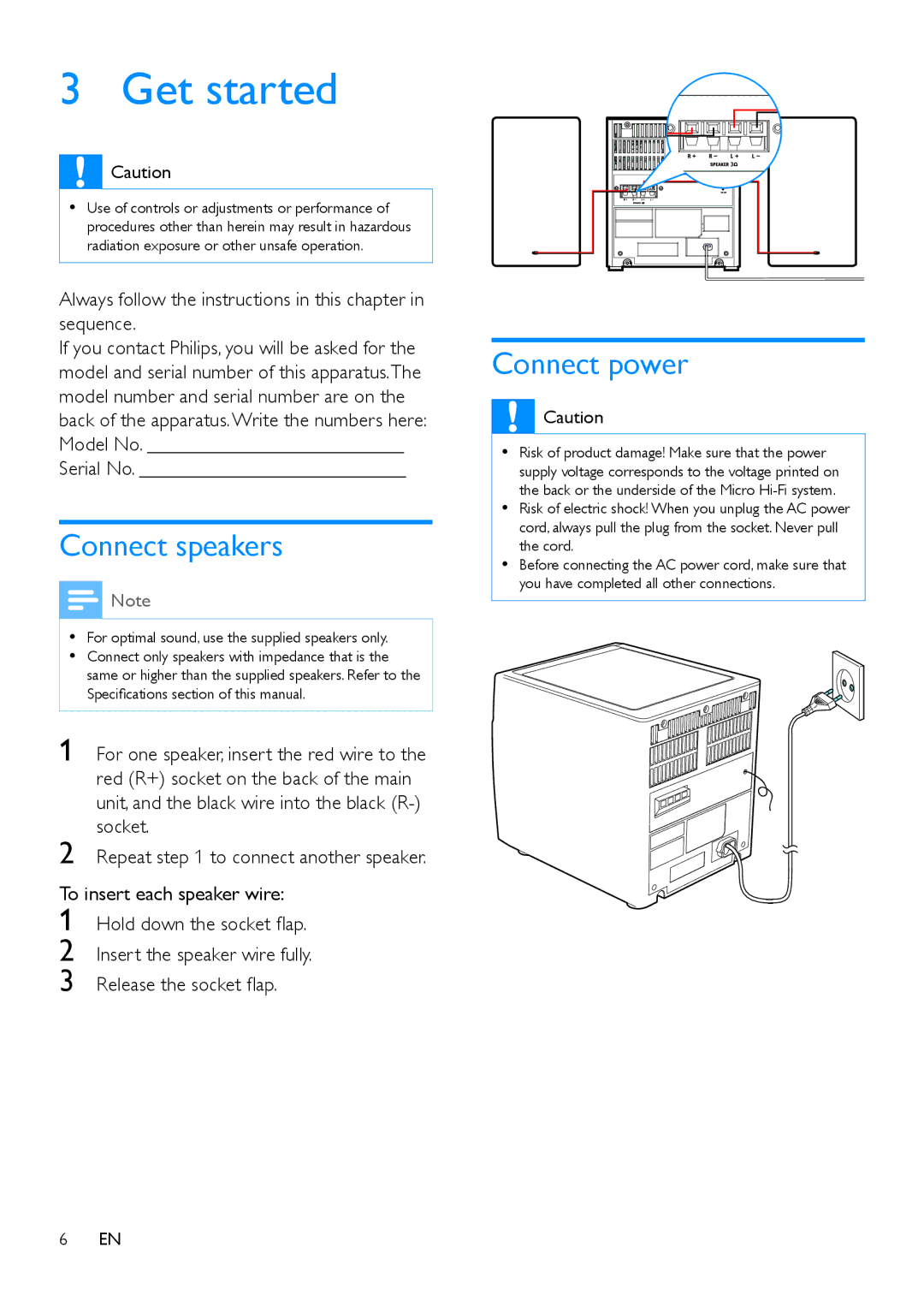 Philips MCM129 user manual Get started, Connect speakers, Connect power 