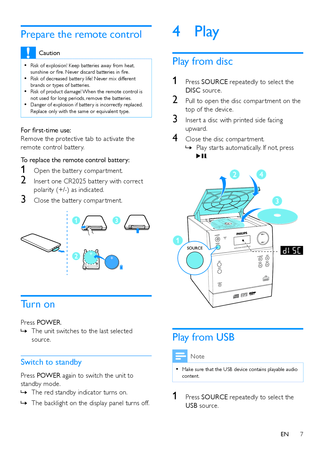 Philips MCM129 user manual Prepare the remote control, Turn on, Play from disc, Play from USB 