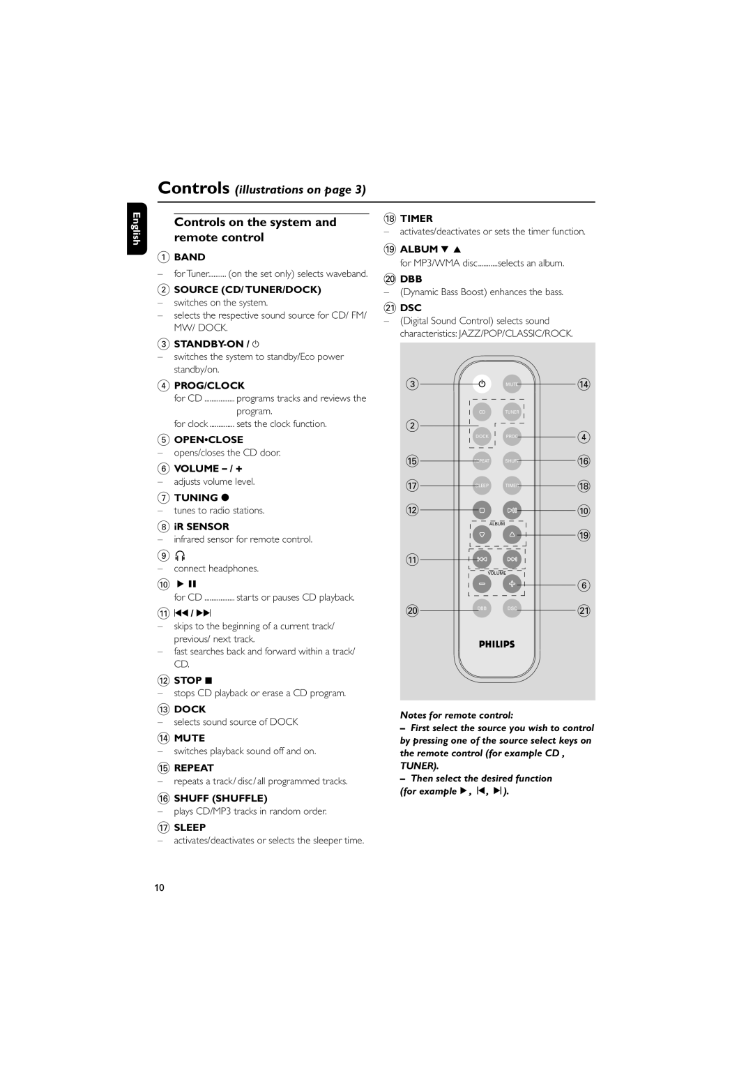 Philips MCM138D user manual Controls on the system and remote control 