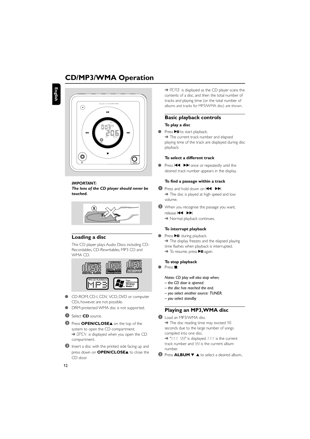 Philips MCM138D user manual CD/MP3/WMA Operation, Loading a disc, Basic playback controls, Playing an MP3,WMA disc 