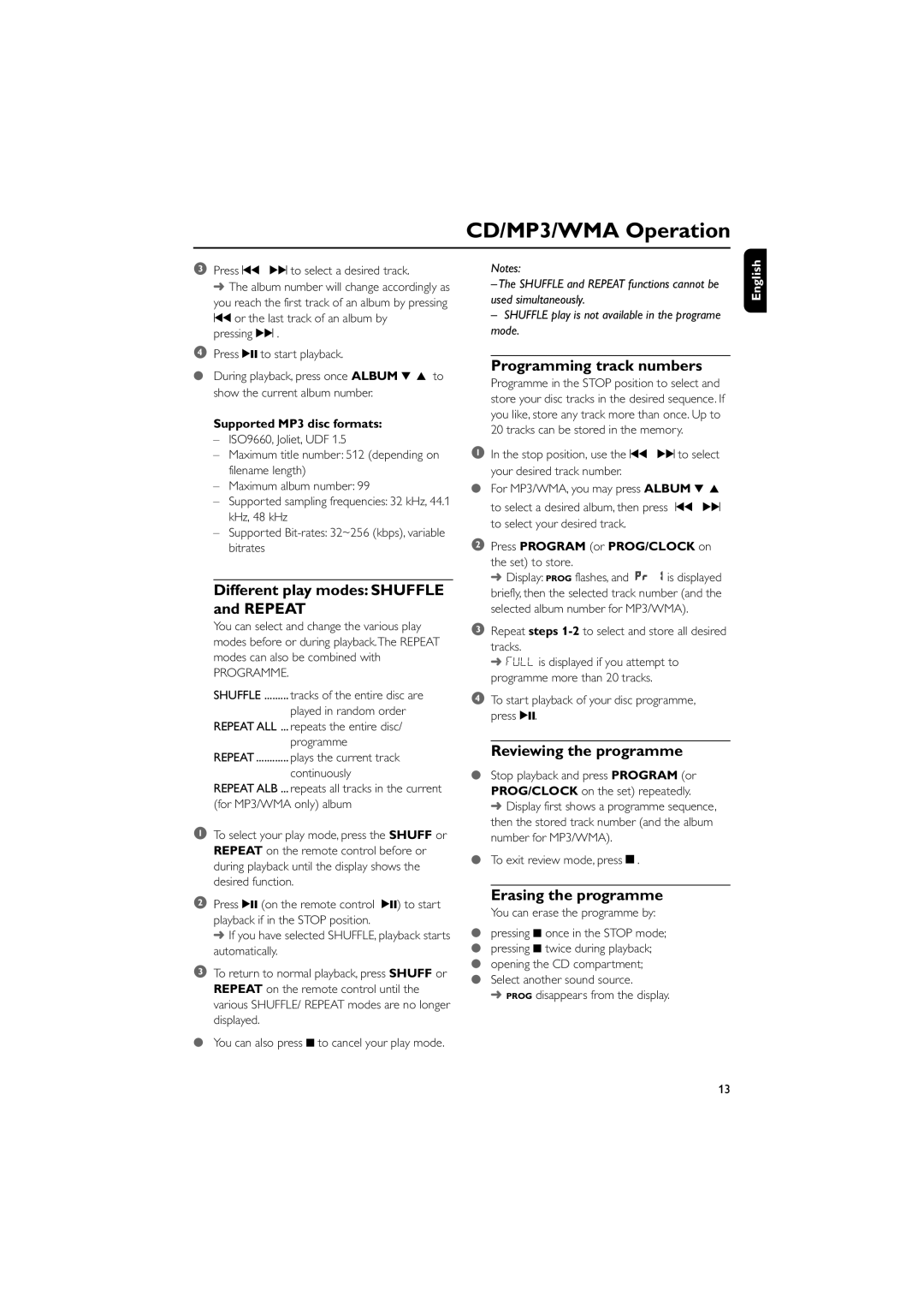 Philips MCM138D user manual Different play modes Shuffle and Repeat, Programming track numbers, Reviewing the programme 