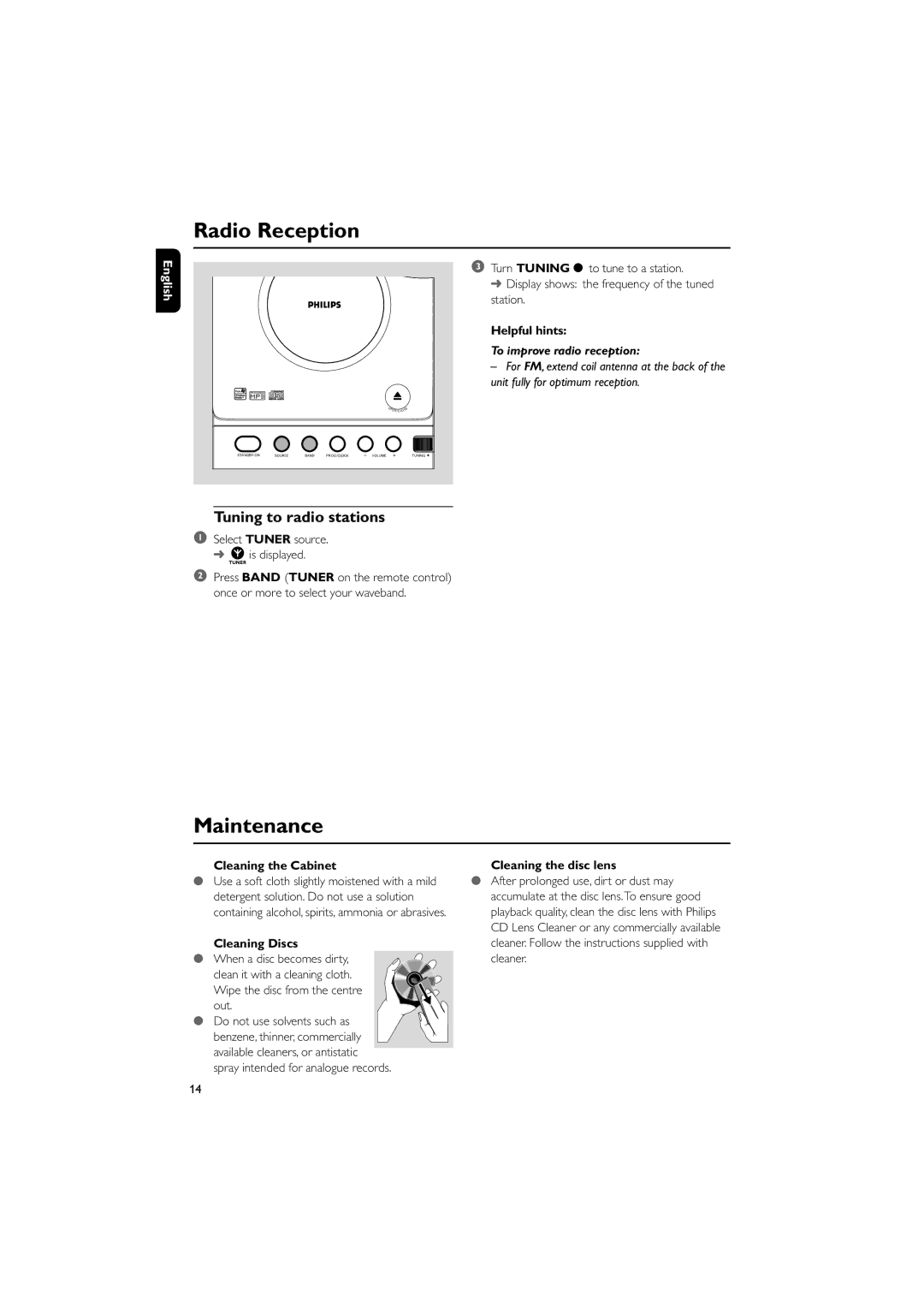 Philips MCM138D user manual Radio Reception, Maintenance, Tuning to radio stations 