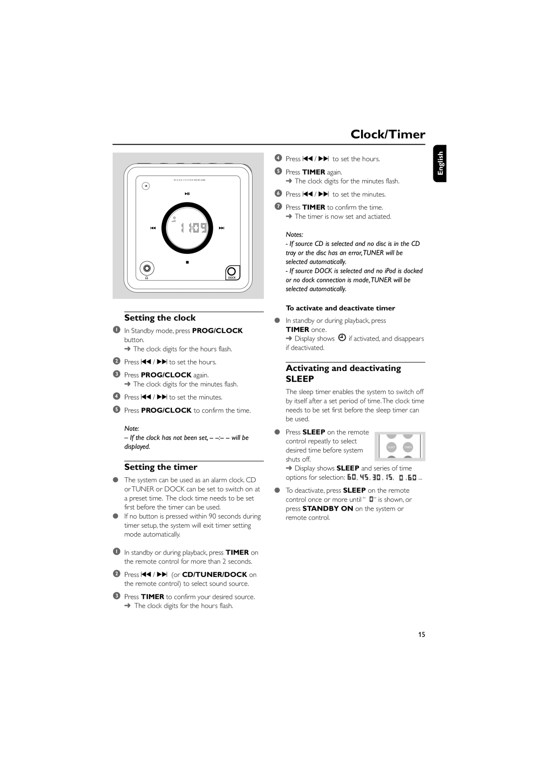 Philips MCM138D user manual Clock/Timer, Setting the clock, Setting the timer, Activating and deactivating 