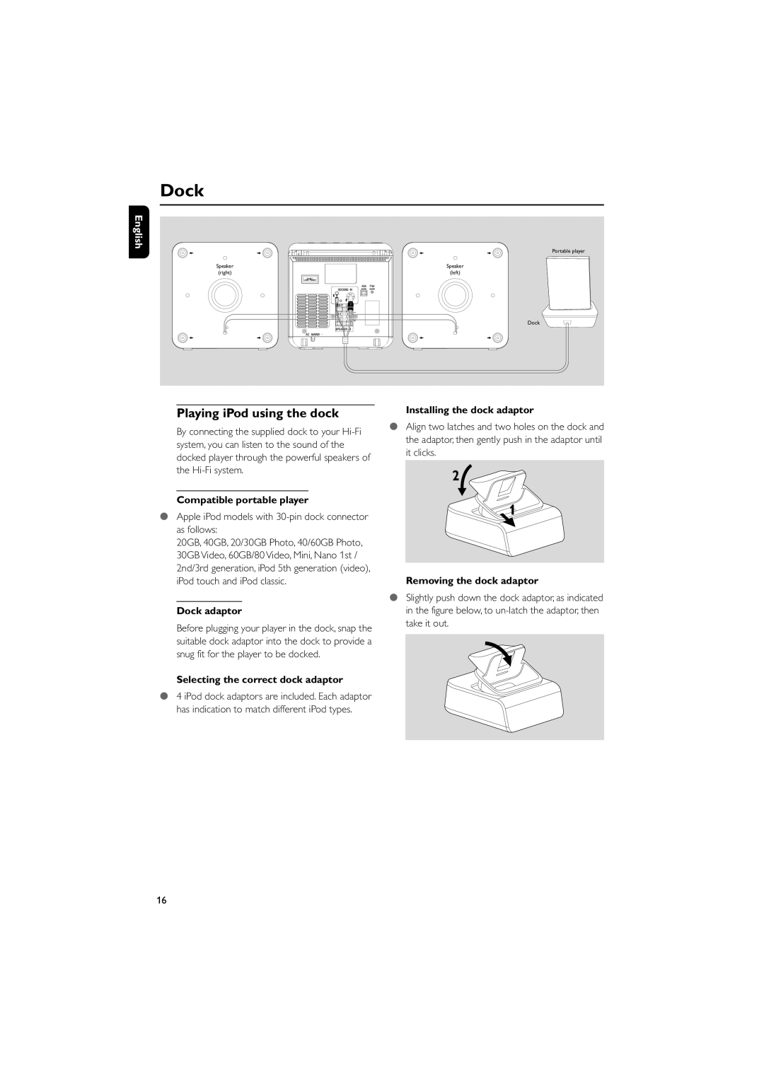 Philips MCM138D user manual Dock, Playing iPod using the dock 