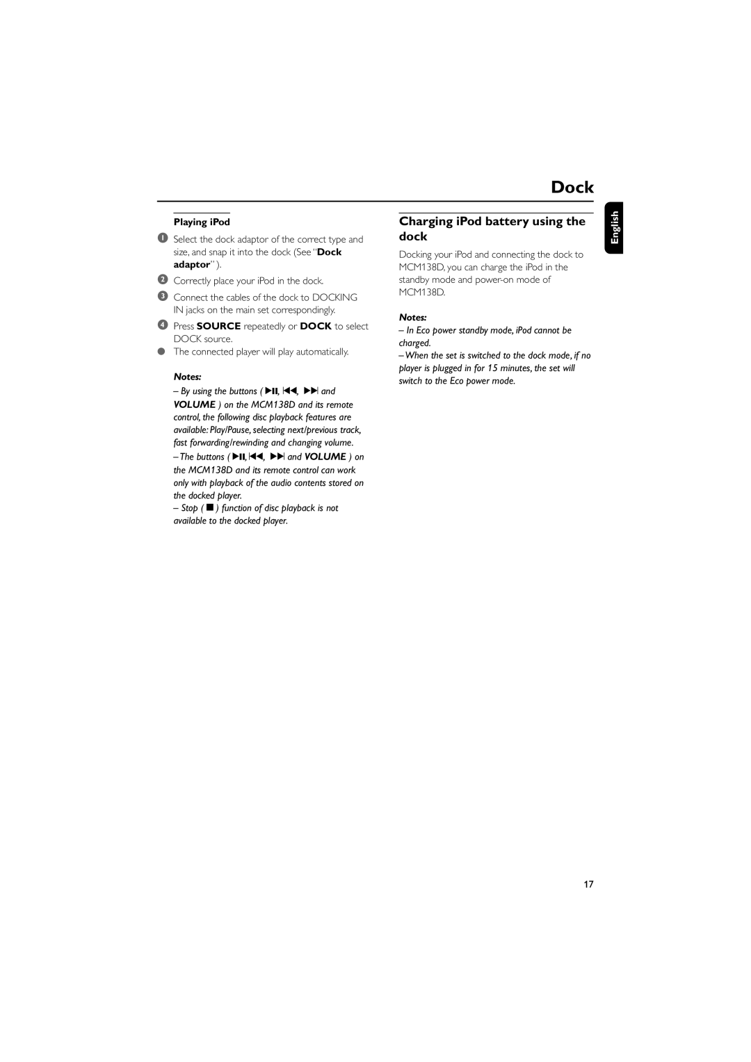 Philips MCM138D user manual Charging iPod battery using the dock, Playing iPod 