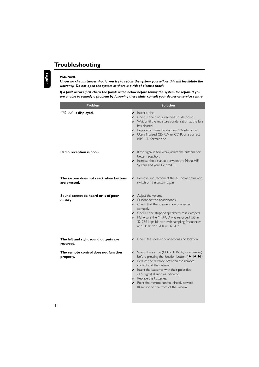 Philips MCM138D user manual Troubleshooting, Check the speaker connections and location, Replace the batteries 