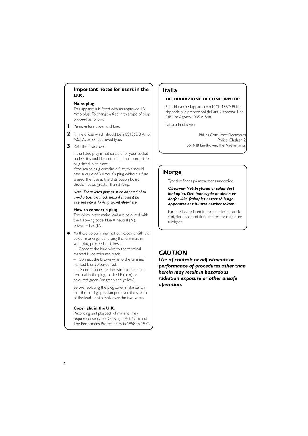 Philips MCM138D user manual Important notes for users in the U.K, Mains plug, How to connect a plug, Copyright in the U.K 